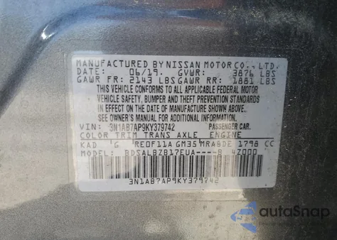 2019 Nissan Sentra S из США, поврежденный, VIN 3N1AB7AP9KY379742